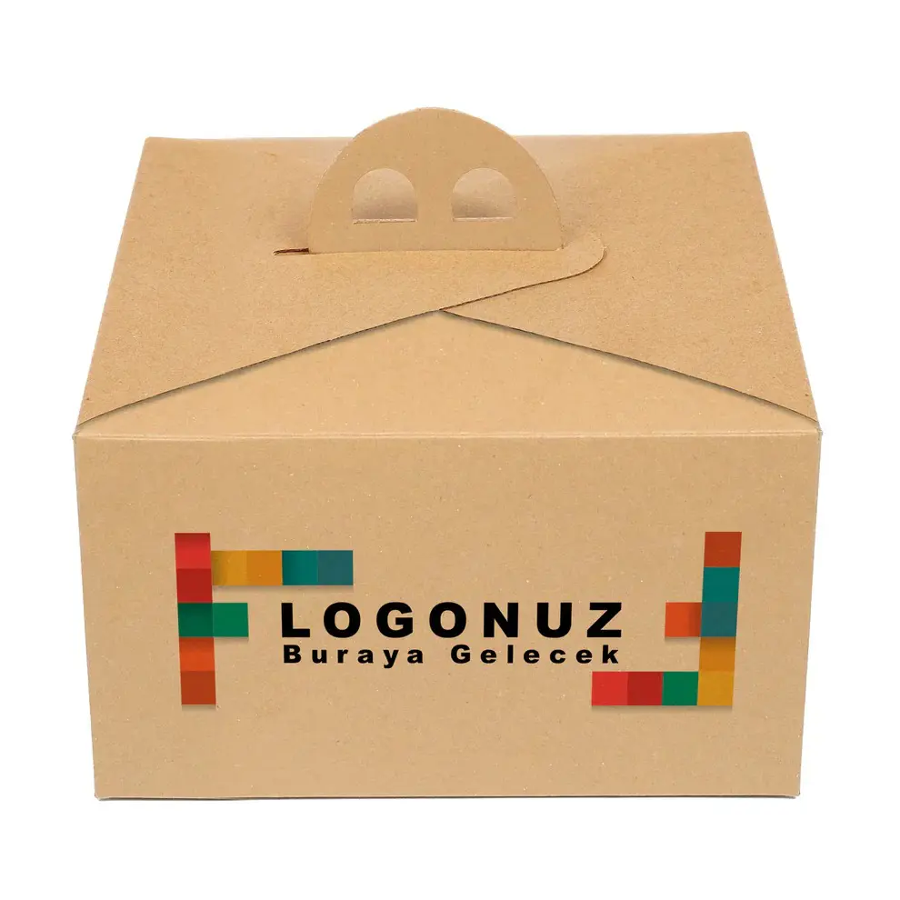 Özel Baskılı 1 No Oluklu Kraft Renk Saplı Turta Kutusu 22.5x22.5x13 cm